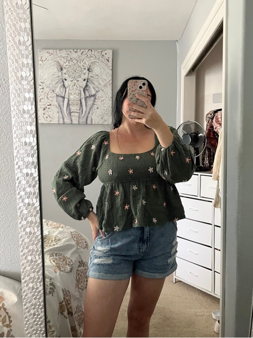 Square-Neck Olive Green Peplum Blouse Shirred Smocked Pink Floral Embroidery M